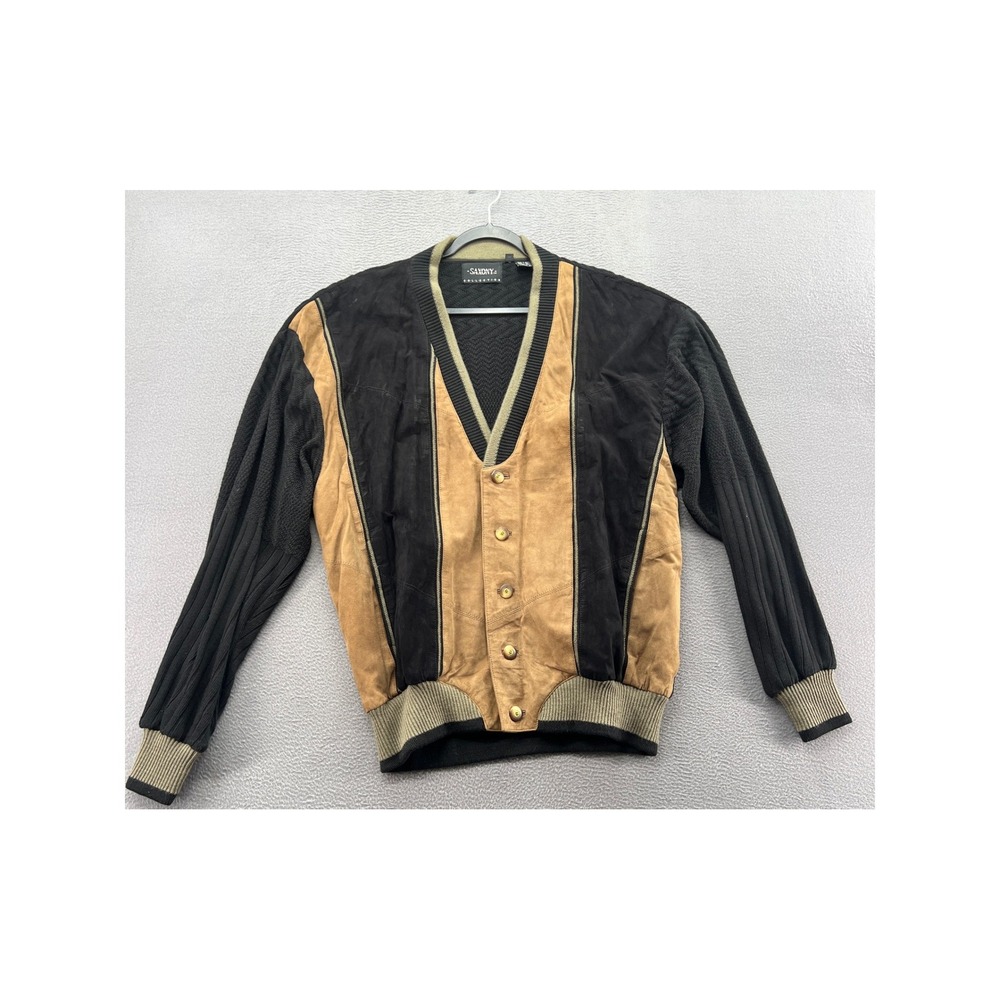 VTG Saxony Collection Sweater Mens Sz L Leather Knit Cardigan Large Black Tan